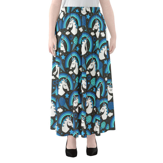 Blue Rainbow Unicorn Pattern Print Chiffon Maxi Skirt