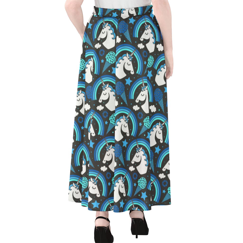 Blue Rainbow Unicorn Pattern Print Chiffon Maxi Skirt