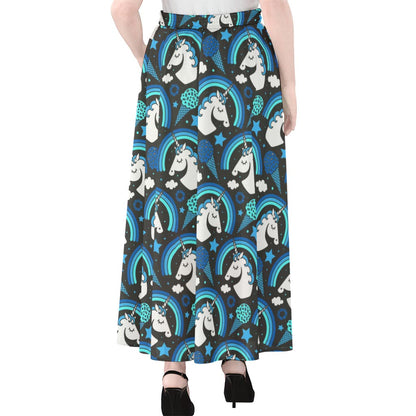 Blue Rainbow Unicorn Pattern Print Chiffon Maxi Skirt
