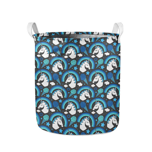 Blue Rainbow Unicorn Pattern Print Collapsible Laundry Basket