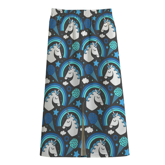 Blue Rainbow Unicorn Pattern Print Cotton Front Slit Maxi Skirt