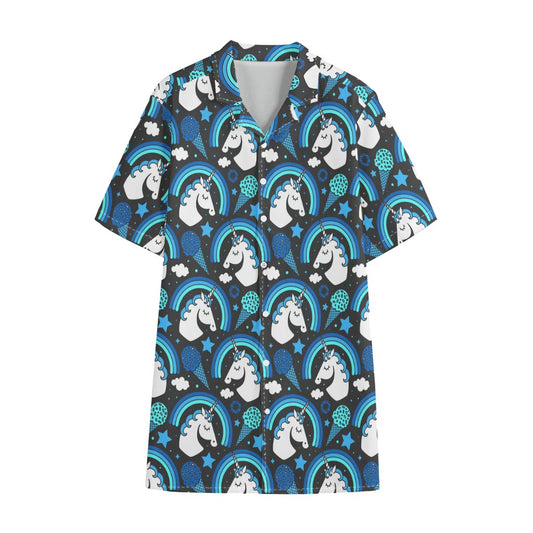 Blue Rainbow Unicorn Pattern Print Cotton Hawaiian Shirt