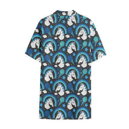 Blue Rainbow Unicorn Pattern Print Cotton Hawaiian Shirt
