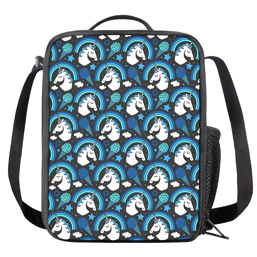 Blue Rainbow Unicorn Pattern Print Crossbody Lunch Bag