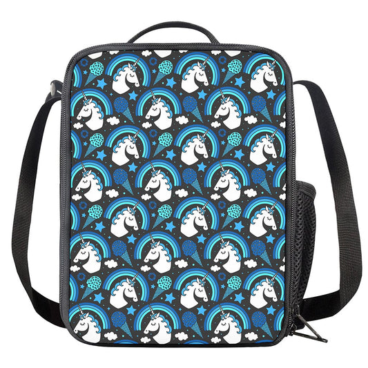 Blue Rainbow Unicorn Pattern Print Crossbody Lunch Bag