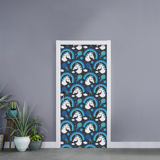 Blue Rainbow Unicorn Pattern Print Door Sticker
