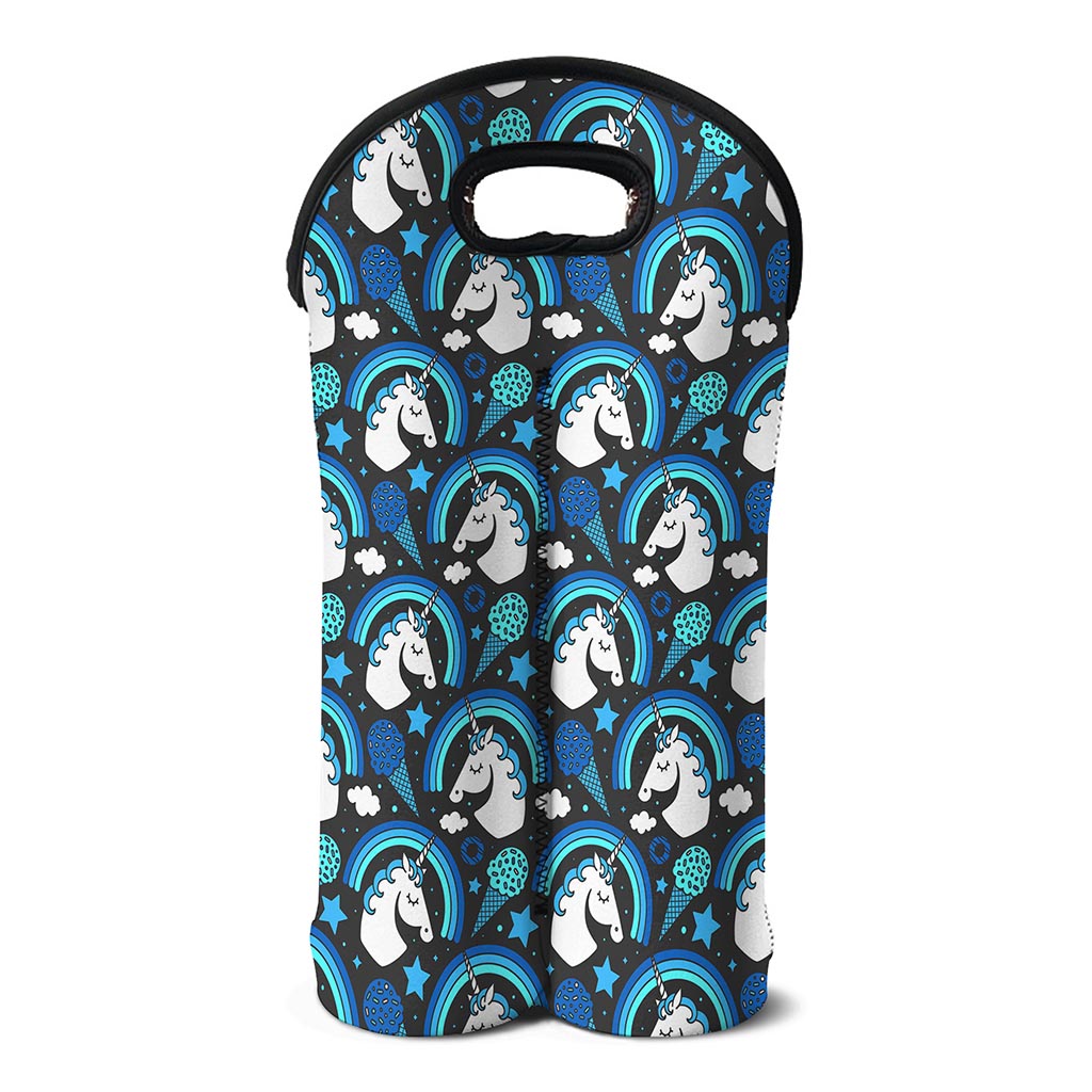 Blue Rainbow Unicorn Pattern Print Double Neoprene Wine Tote
