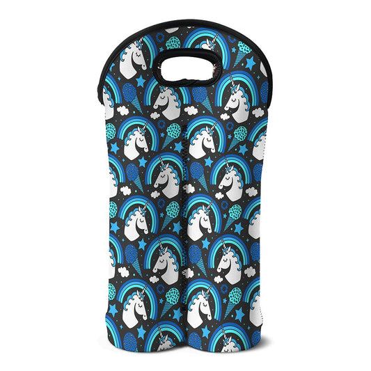 Blue Rainbow Unicorn Pattern Print Double Neoprene Wine Tote