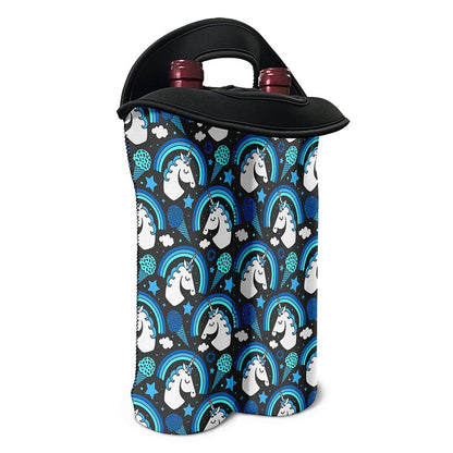 Blue Rainbow Unicorn Pattern Print Double Neoprene Wine Tote