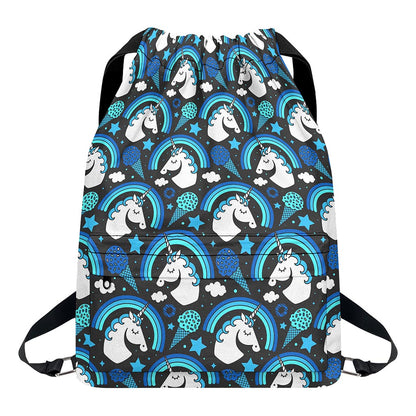 Blue Rainbow Unicorn Pattern Print Drawstring Backpack