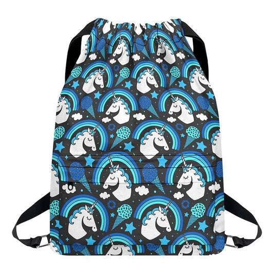Blue Rainbow Unicorn Pattern Print Drawstring Backpack