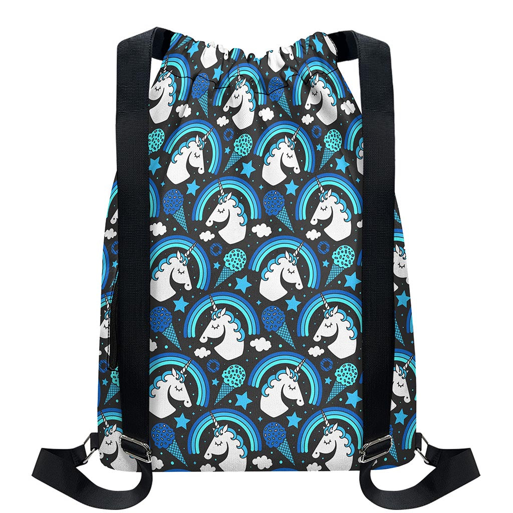 Blue Rainbow Unicorn Pattern Print Drawstring Backpack