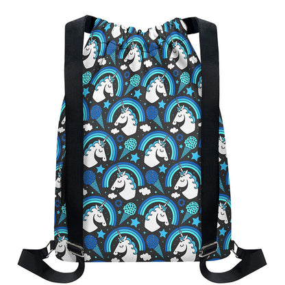 Blue Rainbow Unicorn Pattern Print Drawstring Backpack