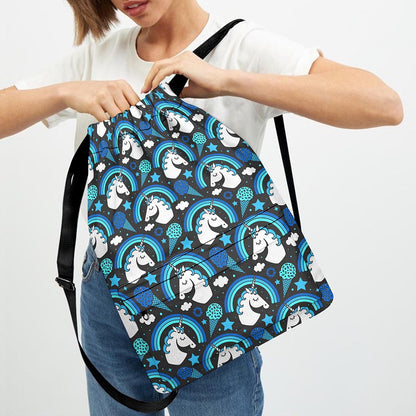 Blue Rainbow Unicorn Pattern Print Drawstring Backpack