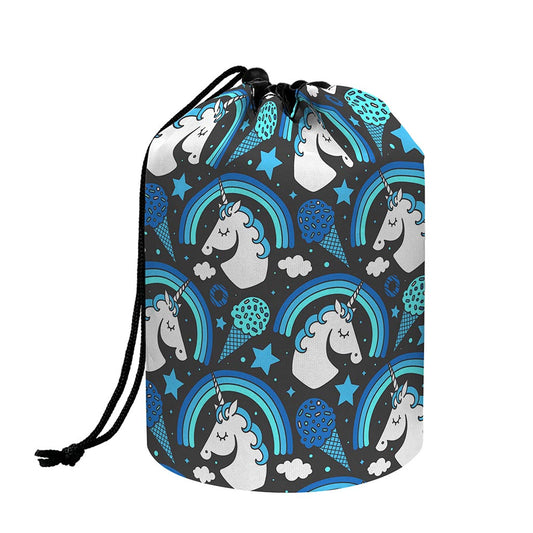 Blue Rainbow Unicorn Pattern Print Drawstring Makeup Bag