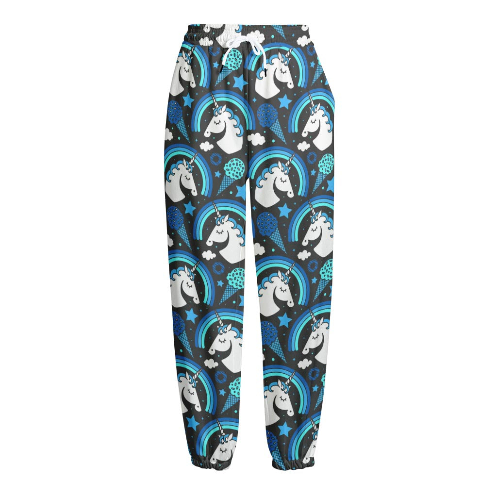 Blue Rainbow Unicorn Pattern Print Fleece Lined Knit Pants