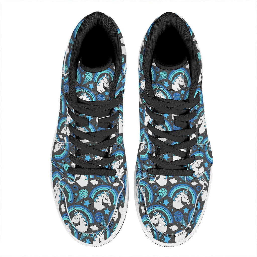 Blue Rainbow Unicorn Pattern Print High Top Leather Sneakers