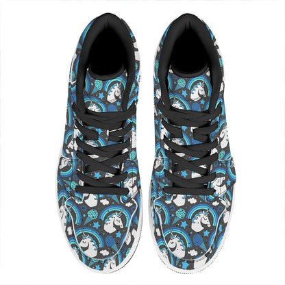 Blue Rainbow Unicorn Pattern Print High Top Leather Sneakers