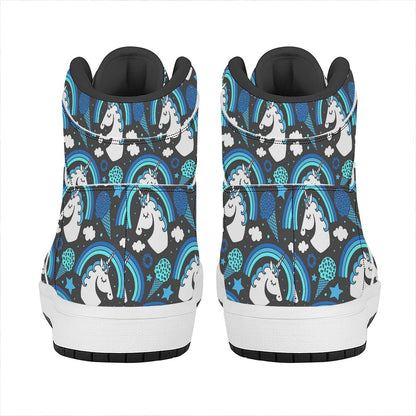 Blue Rainbow Unicorn Pattern Print High Top Leather Sneakers