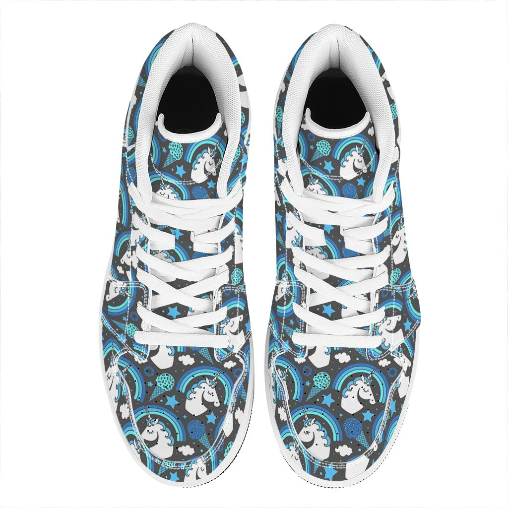 Blue Rainbow Unicorn Pattern Print High Top Leather Sneakers