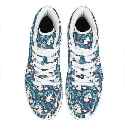 Blue Rainbow Unicorn Pattern Print High Top Leather Sneakers