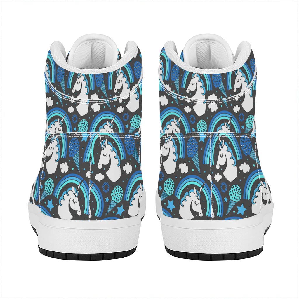 Blue Rainbow Unicorn Pattern Print High Top Leather Sneakers