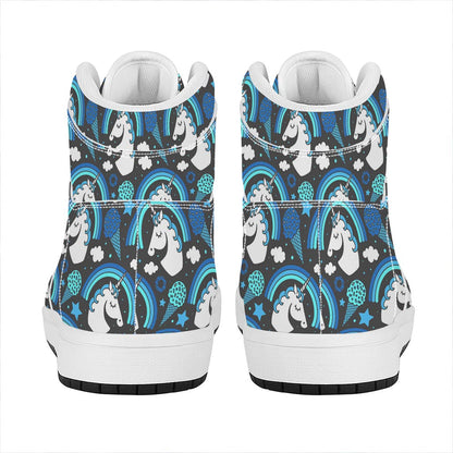 Blue Rainbow Unicorn Pattern Print High Top Leather Sneakers