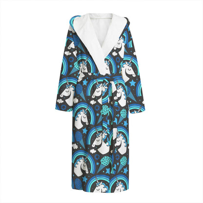 Blue Rainbow Unicorn Pattern Print Hooded Bathrobe