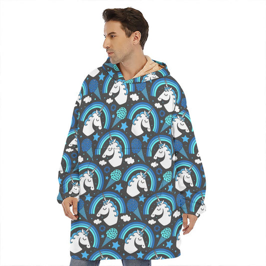 Blue Rainbow Unicorn Pattern Print Hoodie Blanket