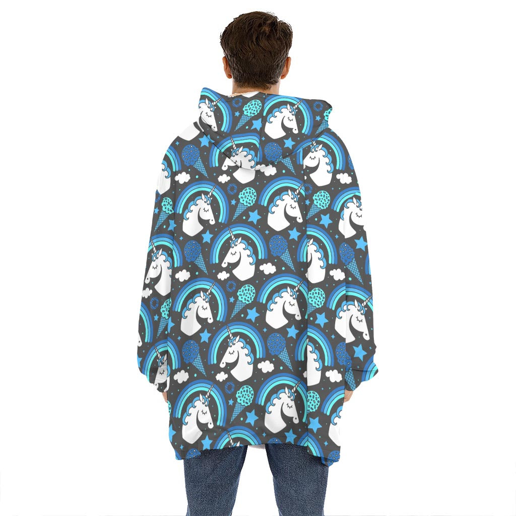 Blue Rainbow Unicorn Pattern Print Hoodie Blanket