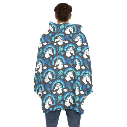 Blue Rainbow Unicorn Pattern Print Hoodie Blanket