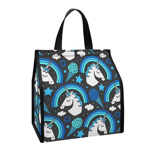 Blue Rainbow Unicorn Pattern Print Insulated Lunch Tote