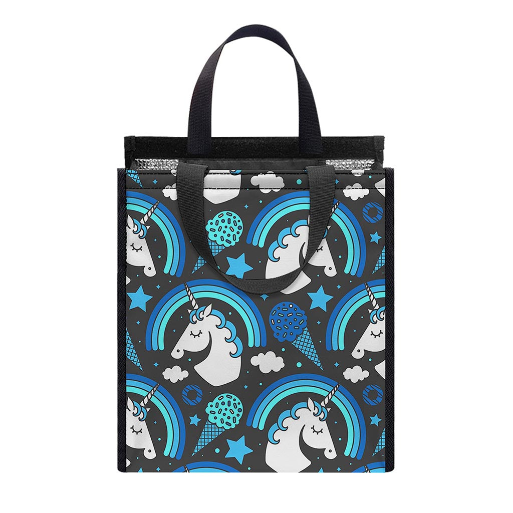 Blue Rainbow Unicorn Pattern Print Insulated Lunch Tote