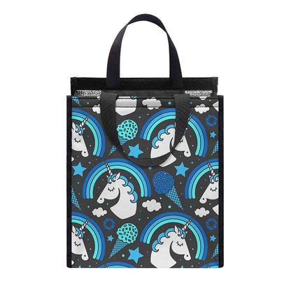 Blue Rainbow Unicorn Pattern Print Insulated Lunch Tote