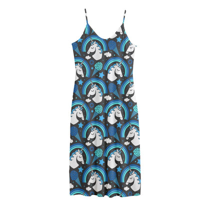 Blue Rainbow Unicorn Pattern Print Jersey Midi Cami Dress
