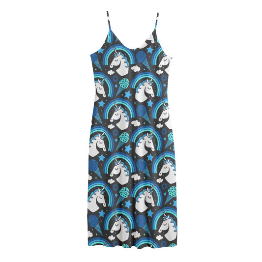 Blue Rainbow Unicorn Pattern Print Jersey Midi Cami Dress