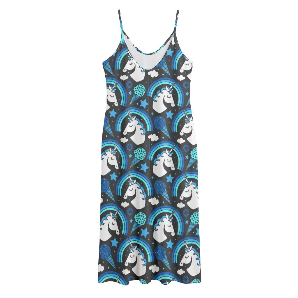 Blue Rainbow Unicorn Pattern Print Jersey Midi Cami Dress