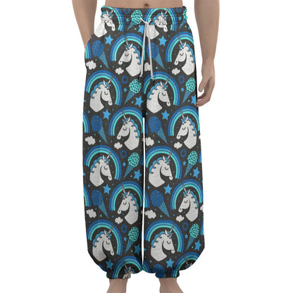Blue Rainbow Unicorn Pattern Print Lantern Pants