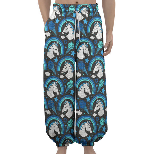 Blue Rainbow Unicorn Pattern Print Lantern Pants
