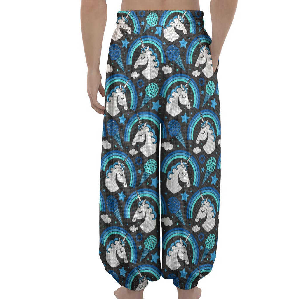 Blue Rainbow Unicorn Pattern Print Lantern Pants