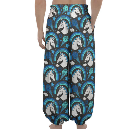 Blue Rainbow Unicorn Pattern Print Lantern Pants
