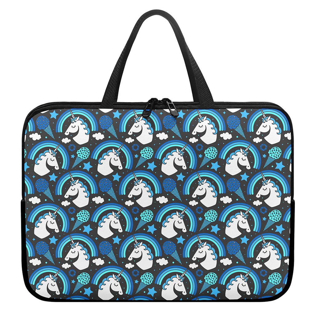 Blue Rainbow Unicorn Pattern Print Laptop Sleeve With Handle