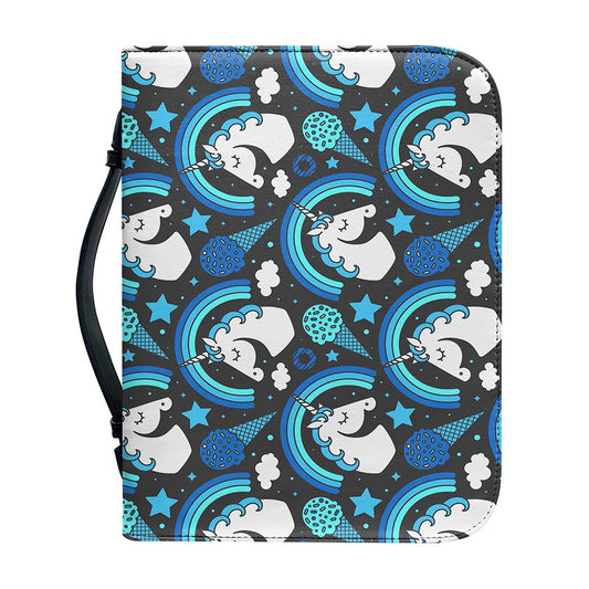 Blue Rainbow Unicorn Pattern Print Leather Bible Cover