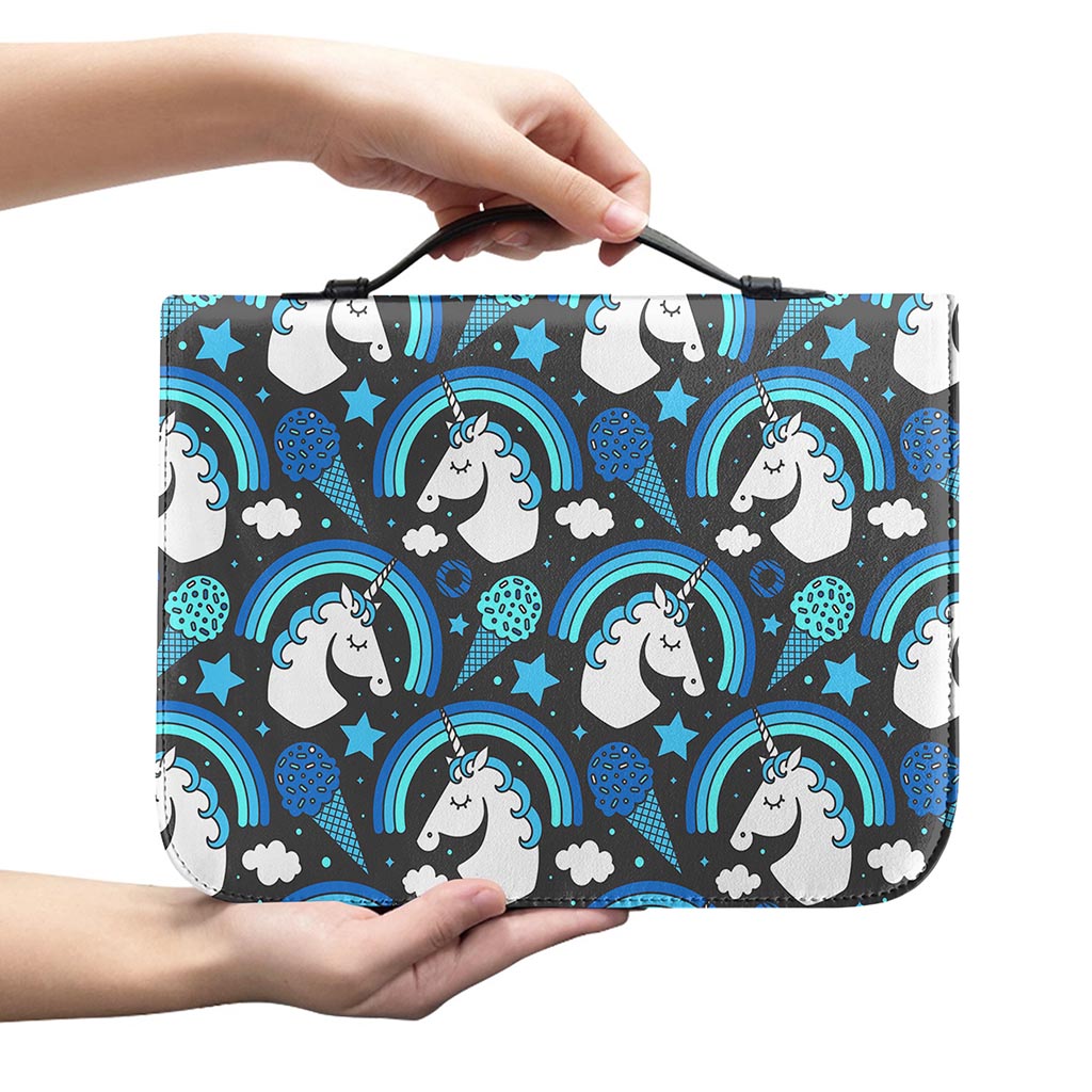 Blue Rainbow Unicorn Pattern Print Leather Bible Cover