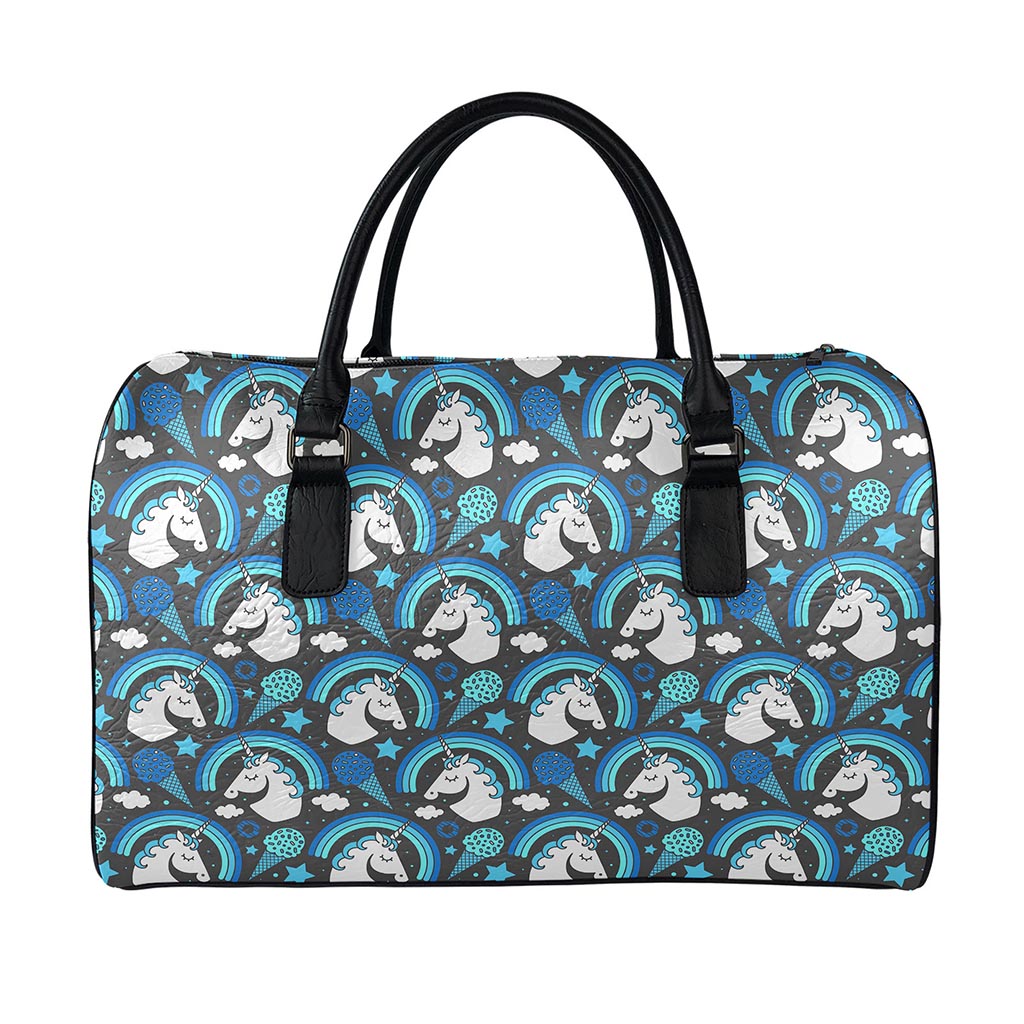 Blue Rainbow Unicorn Pattern Print Leather Duffle Bag