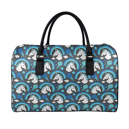 Blue Rainbow Unicorn Pattern Print Leather Duffle Bag