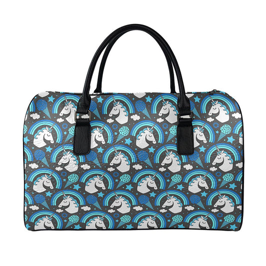 Blue Rainbow Unicorn Pattern Print Leather Duffle Bag
