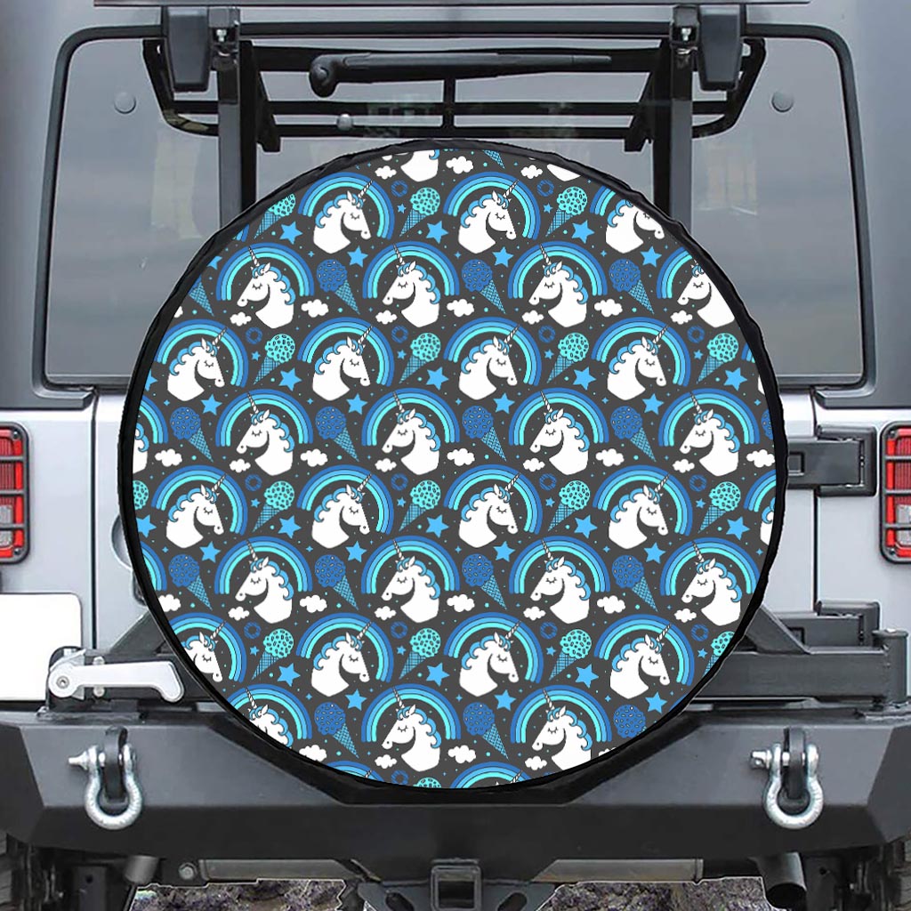 Blue Rainbow Unicorn Pattern Print Leather Spare Tire Cover