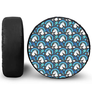 Blue Rainbow Unicorn Pattern Print Leather Spare Tire Cover