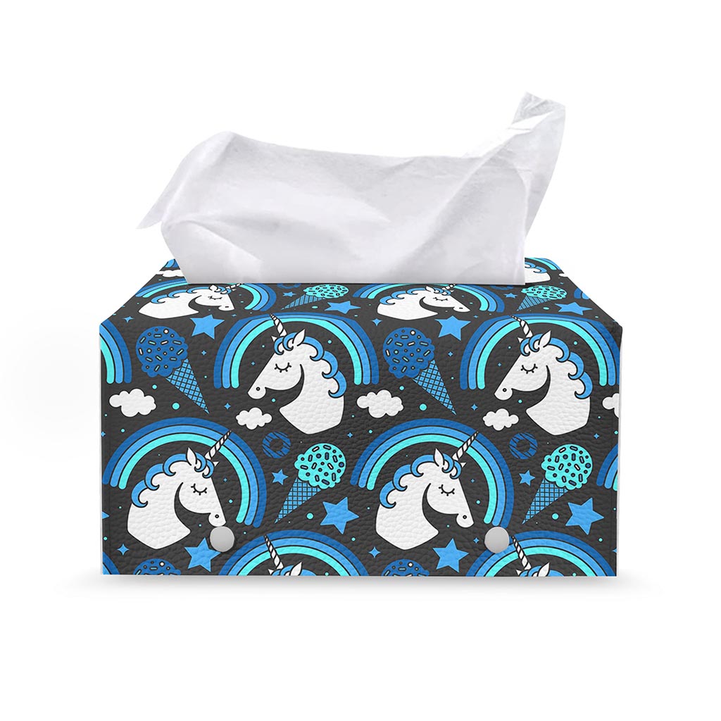 Blue Rainbow Unicorn Pattern Print Leather Tissue Box Cover